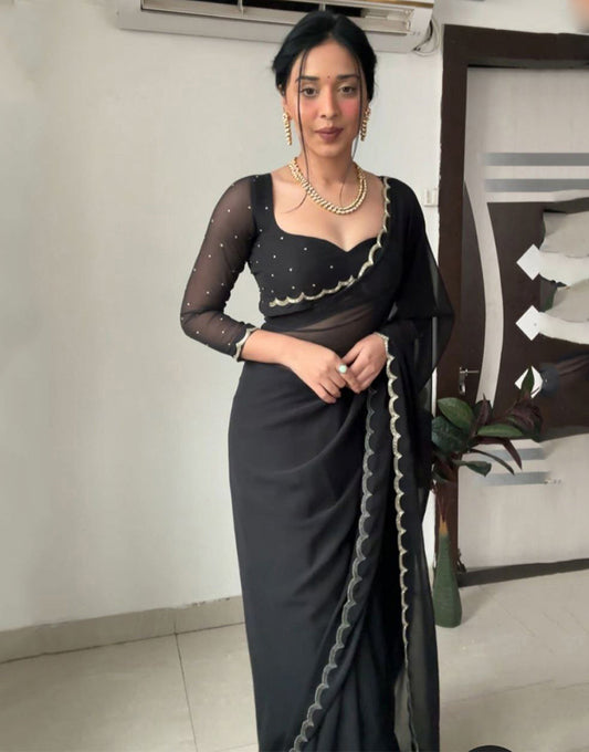 Black Georgette With Cutwork Border Ready To Wear Saree