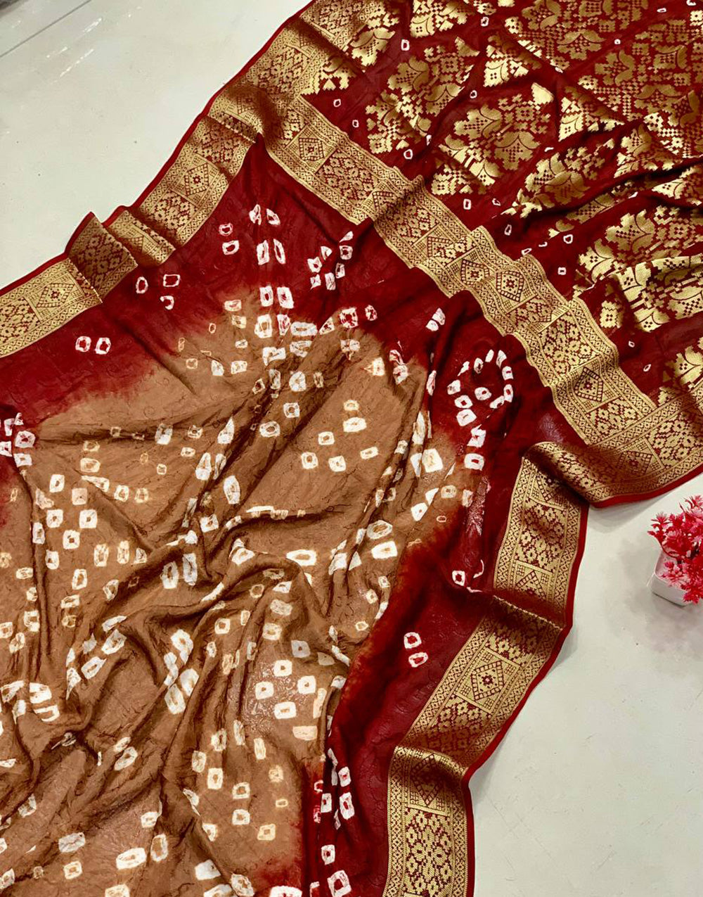 Maroon & Brown Art Saree With Hand Bandhej & Zari Weaving Work