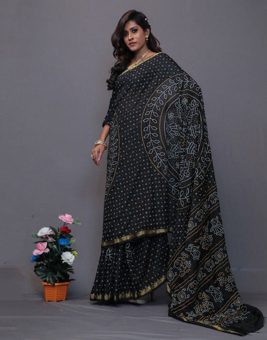 Black Taffeta Silk Hand Print Bandhani Saree