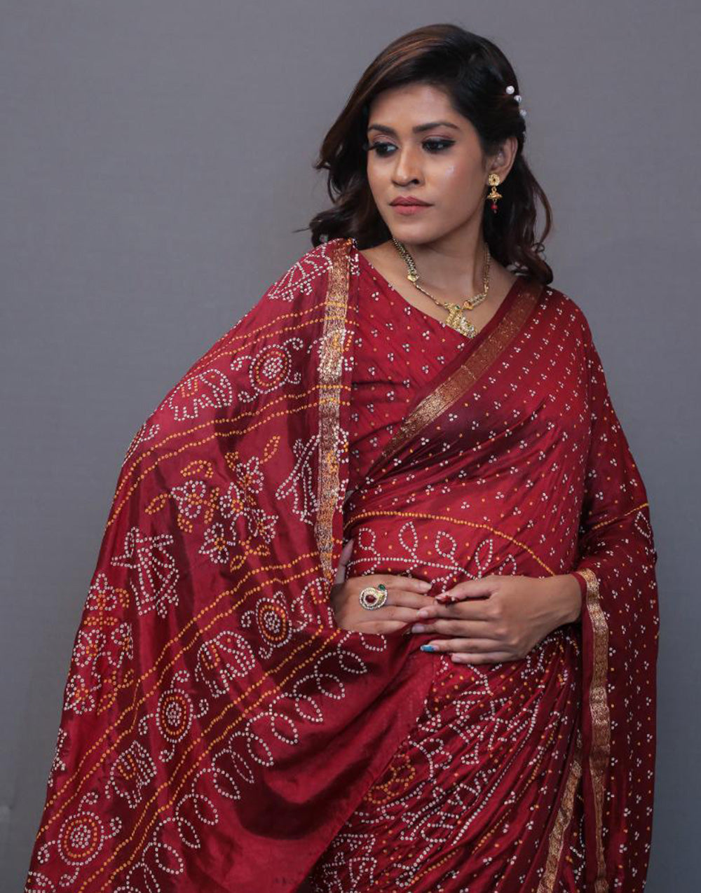 Maroon Silk Hand Print Bandhani Saree With Weaving Border