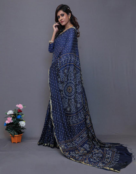 Navy Blue Taffeta Silk Hand Print Bandhani Saree