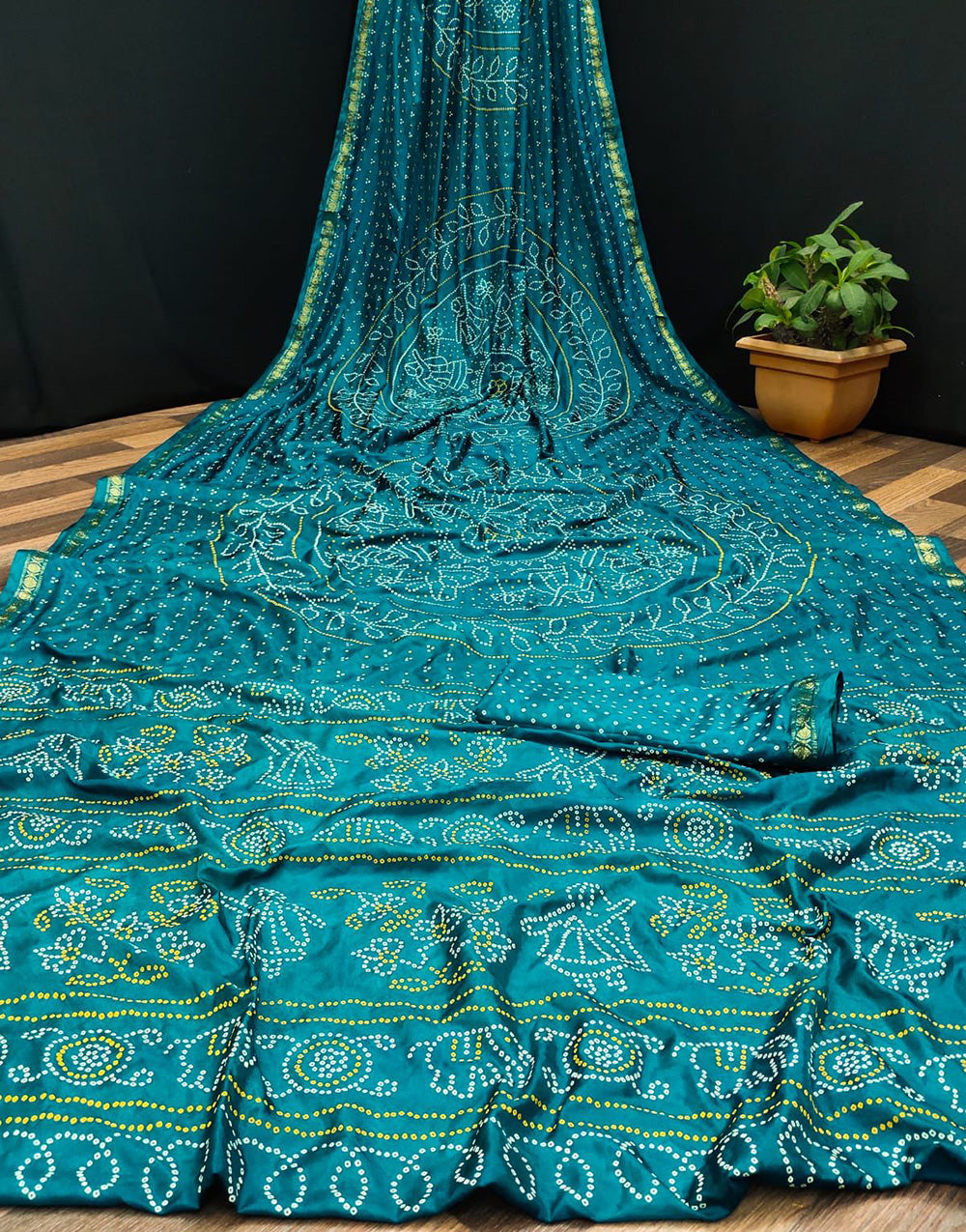 Cerulean Blue Silk Hand Printed Bandhani Saree With Blouse