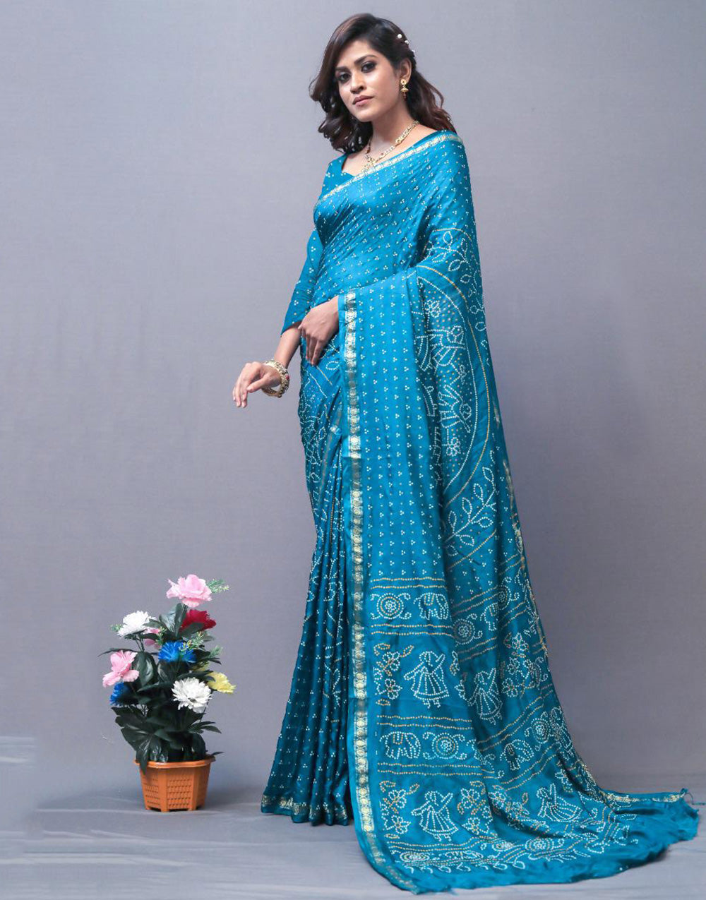 Cerulean Blue Silk Hand Printed Bandhani Saree With Blouse