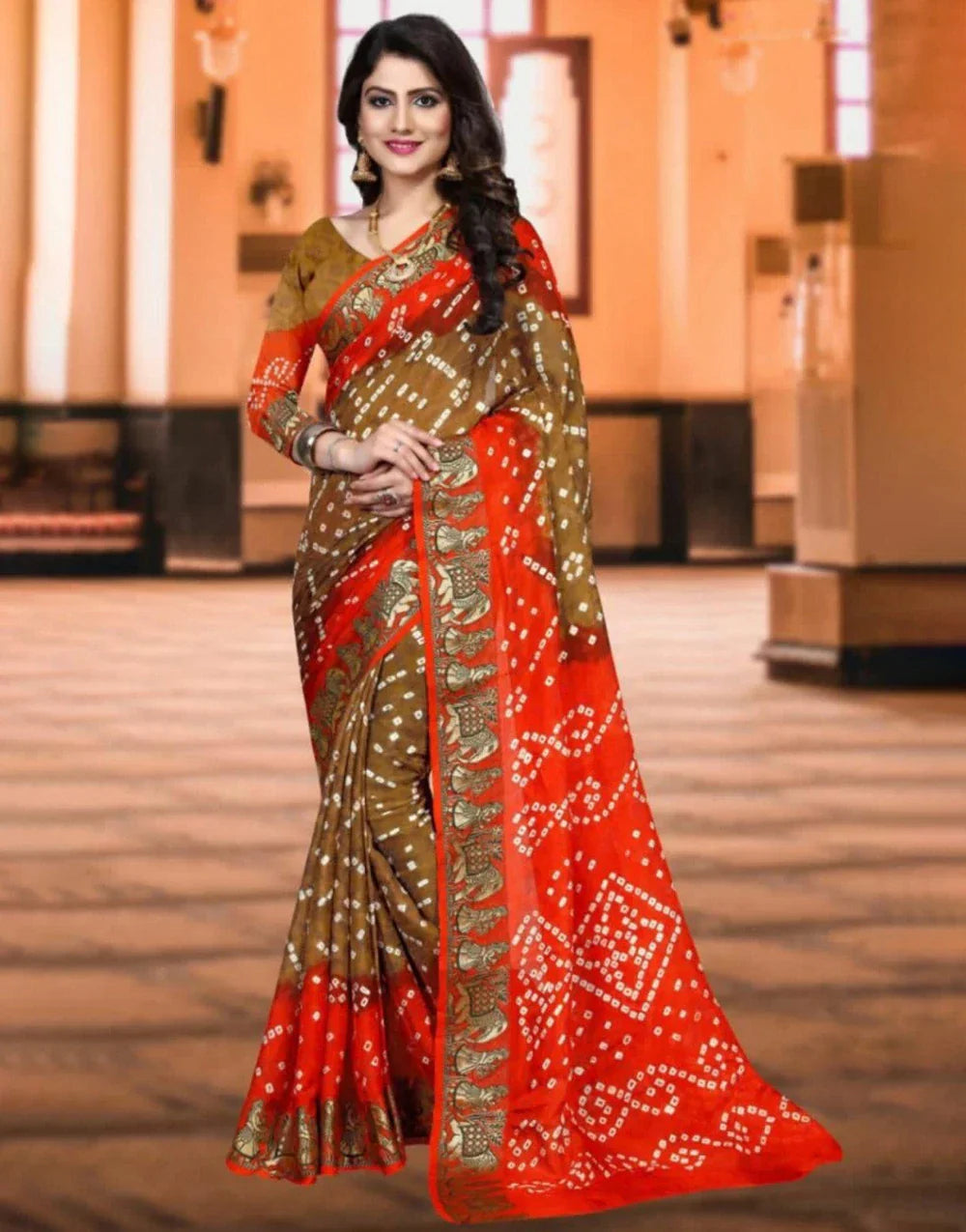 Orange And Brown Soft Bandhani Saree With Hand Bandhej Print Work