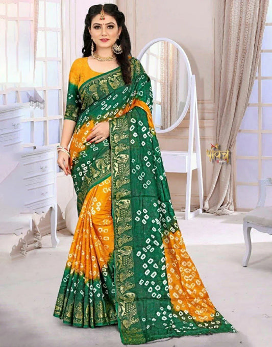 Green And Yellow Bandhni Saree  With Zari Weaving Heavy Border