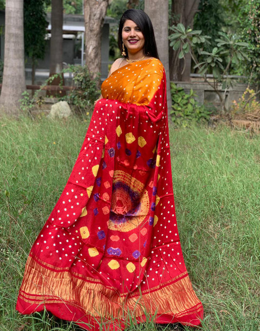 Mustard Yellow & Pink Gajji Soft Silk Lagdi Patta Bandhani Saree