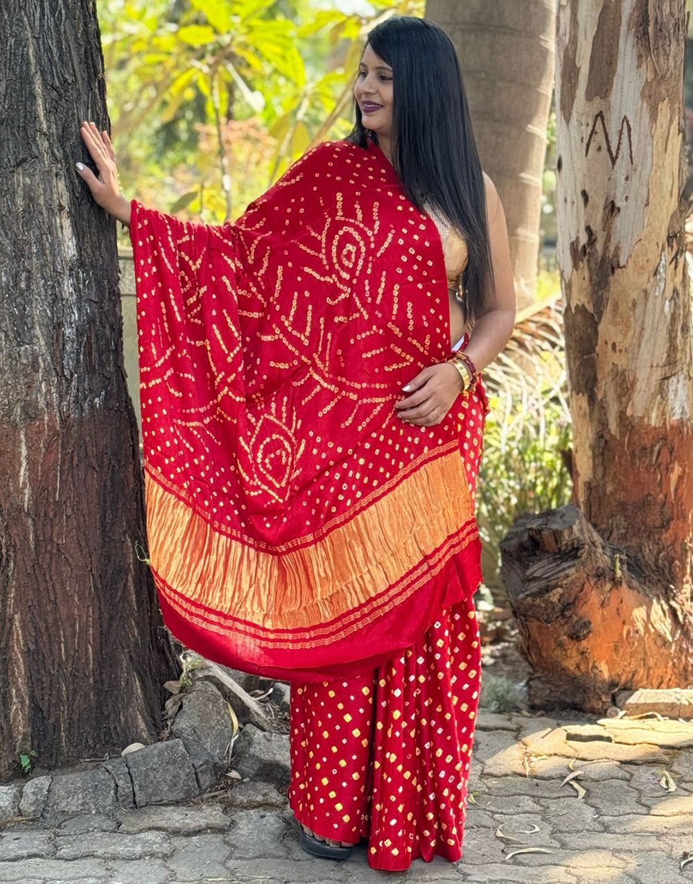 Crimson Red Gajji Silk Bandhani With Lgadi Patta Saree