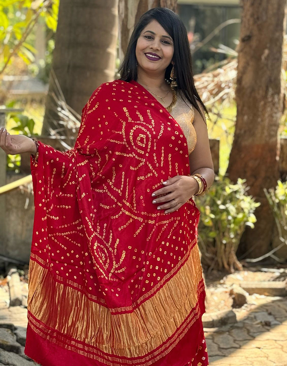 Crimson Red Gajji Silk Bandhani With Lgadi Patta Saree