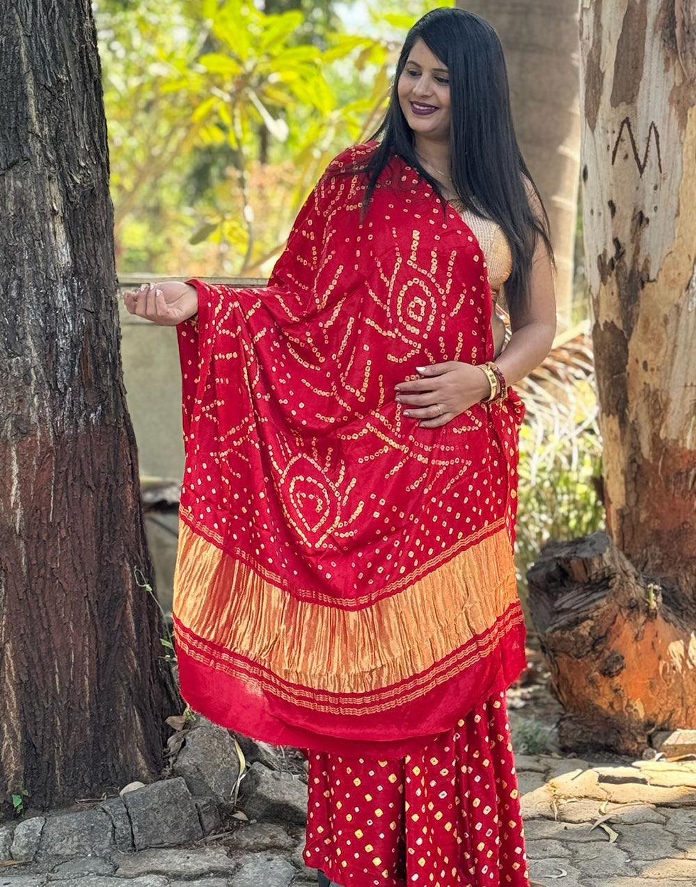 Crimson Red Gajji Silk Bandhani With Lgadi Patta Saree