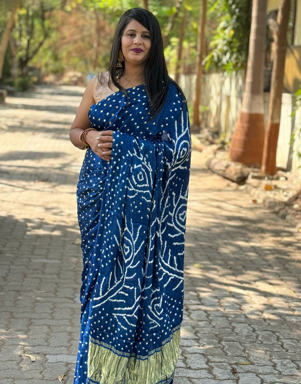 Indigo Blue Gajji Silk Bandhani With Lgadi Patta Saree