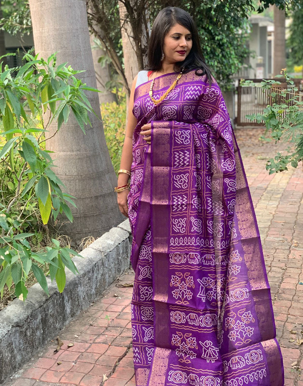 Dark Purple Hand Bandhej Bandhani Saree With Weaving Work