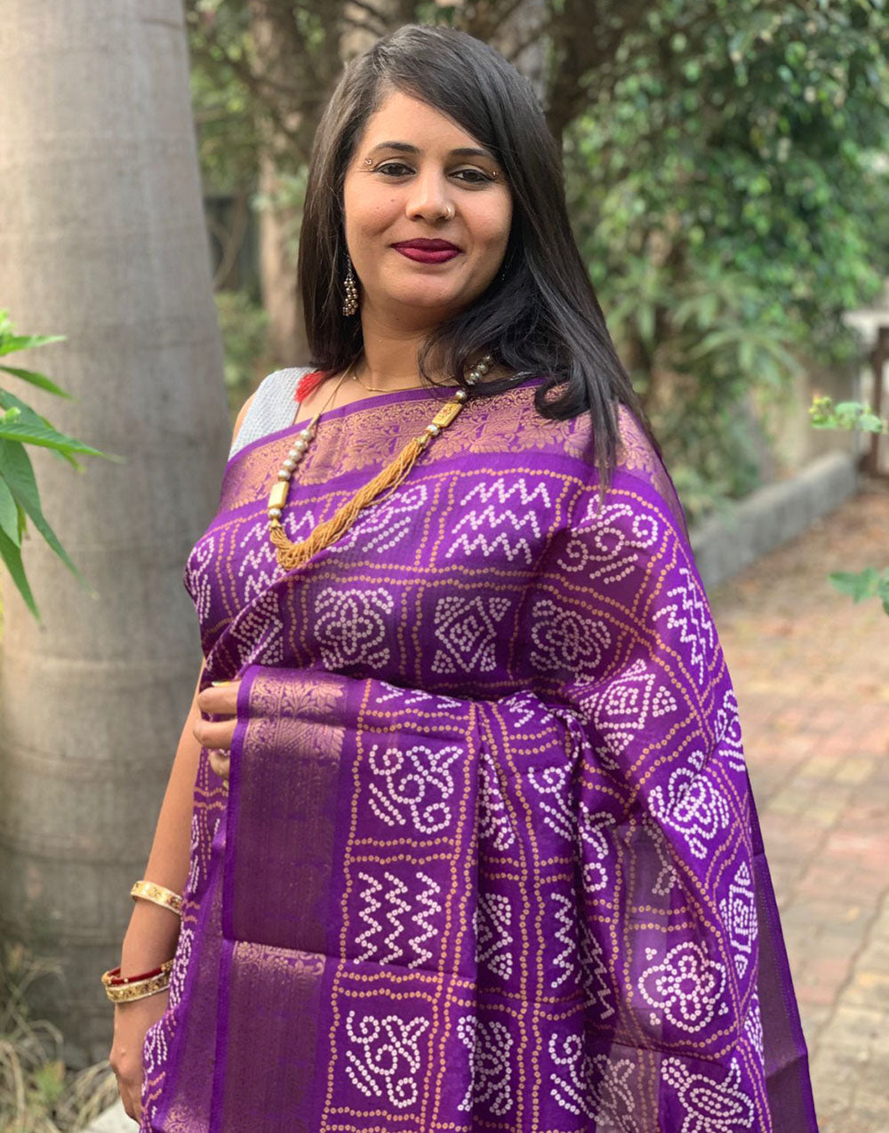 Dark Purple Hand Bandhej Bandhani Saree With Weaving Work