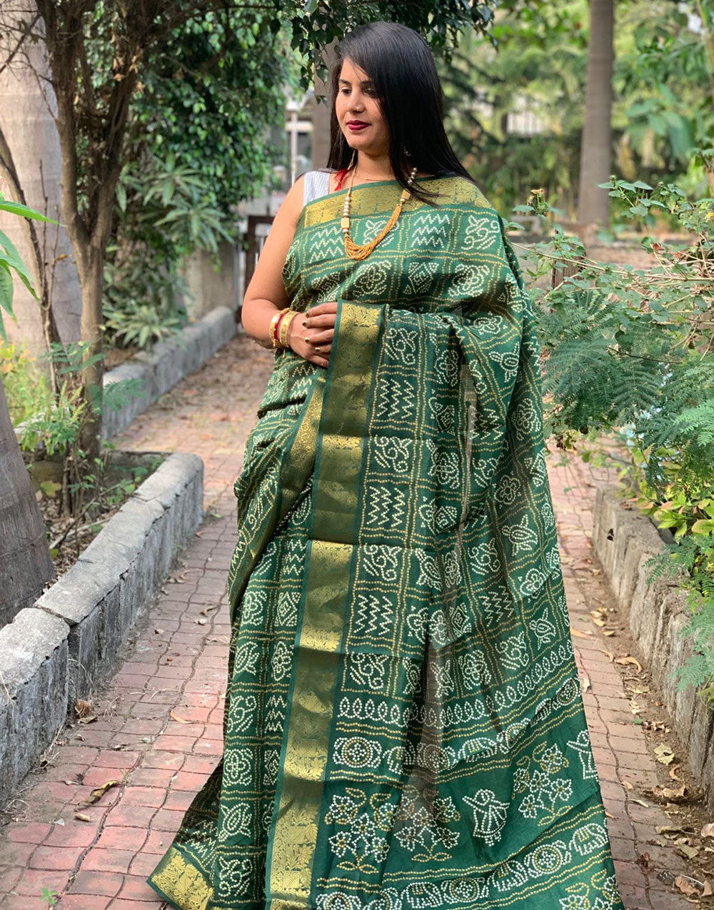 Green Hand Bandhej Bandhani Saree With Weaving Work