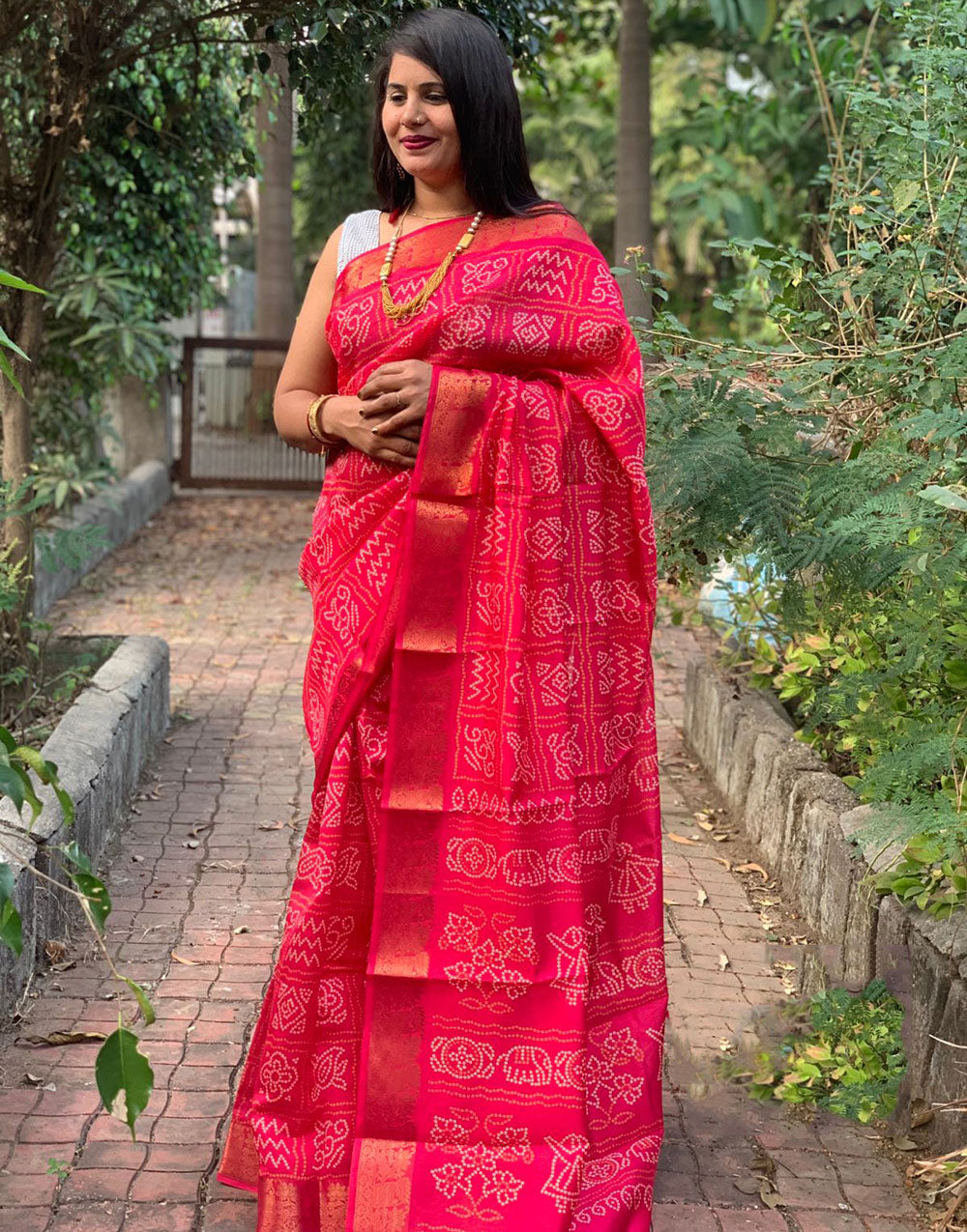 Cherry Red Hand Bandhej Bandhani Saree With Weaving Work