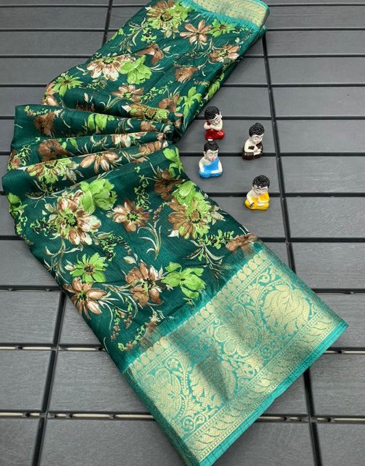 Green Dola Silk Saree With Printed & Weaving Border