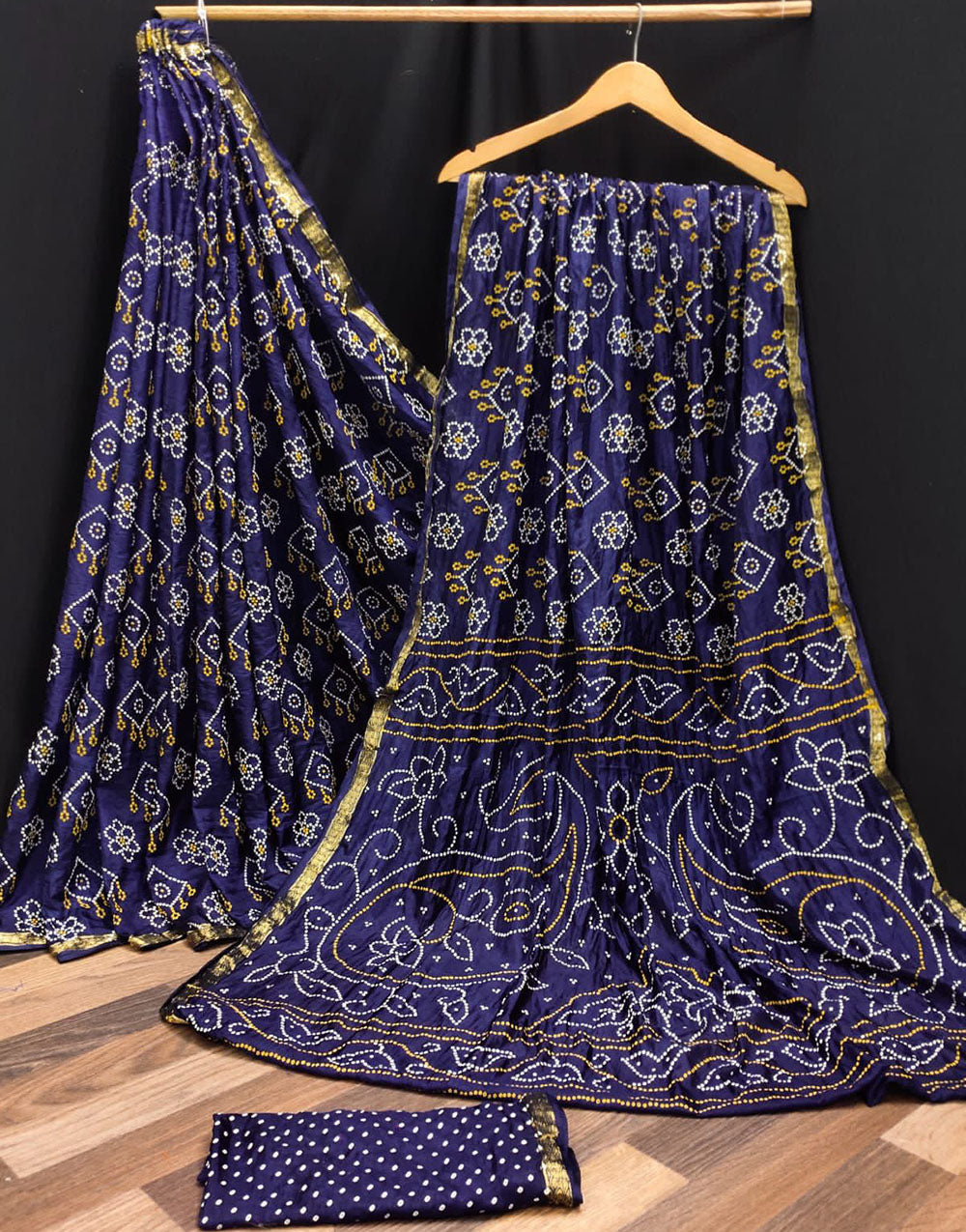 Navy Blue Hand Bandhej Bandhani Saree With Weaving Border