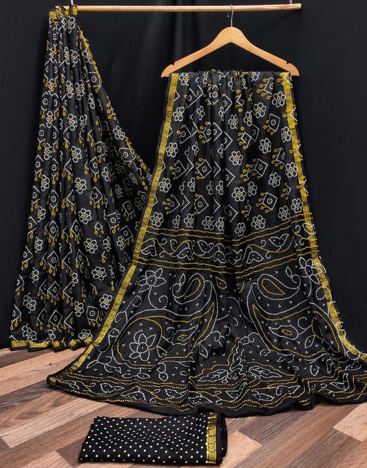 Black Hand Bandhej Bandhani Saree With Blouse Set