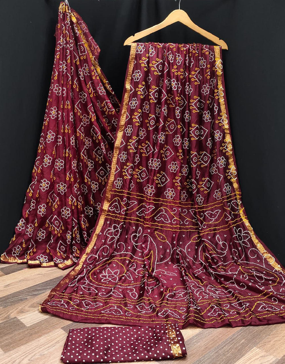 Dark Maroon Hand Bandhej Bandhani Saree With Blouse Set