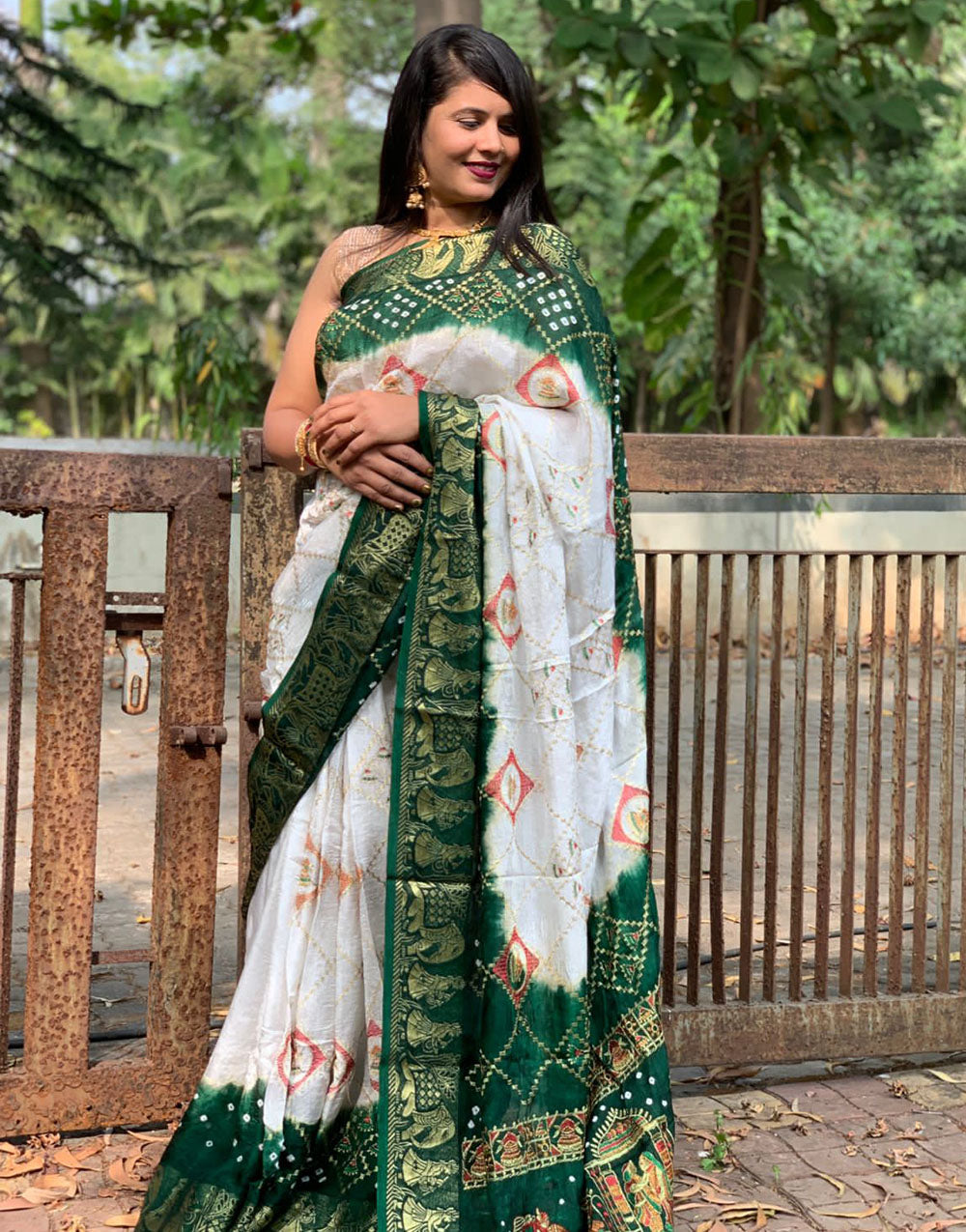 Green Hand Bandhej Bandhani Saree With Weaving Border