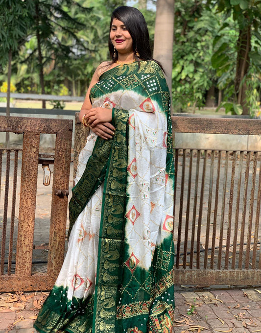 Green Hand Bandhej Bandhani Saree With Weaving Border