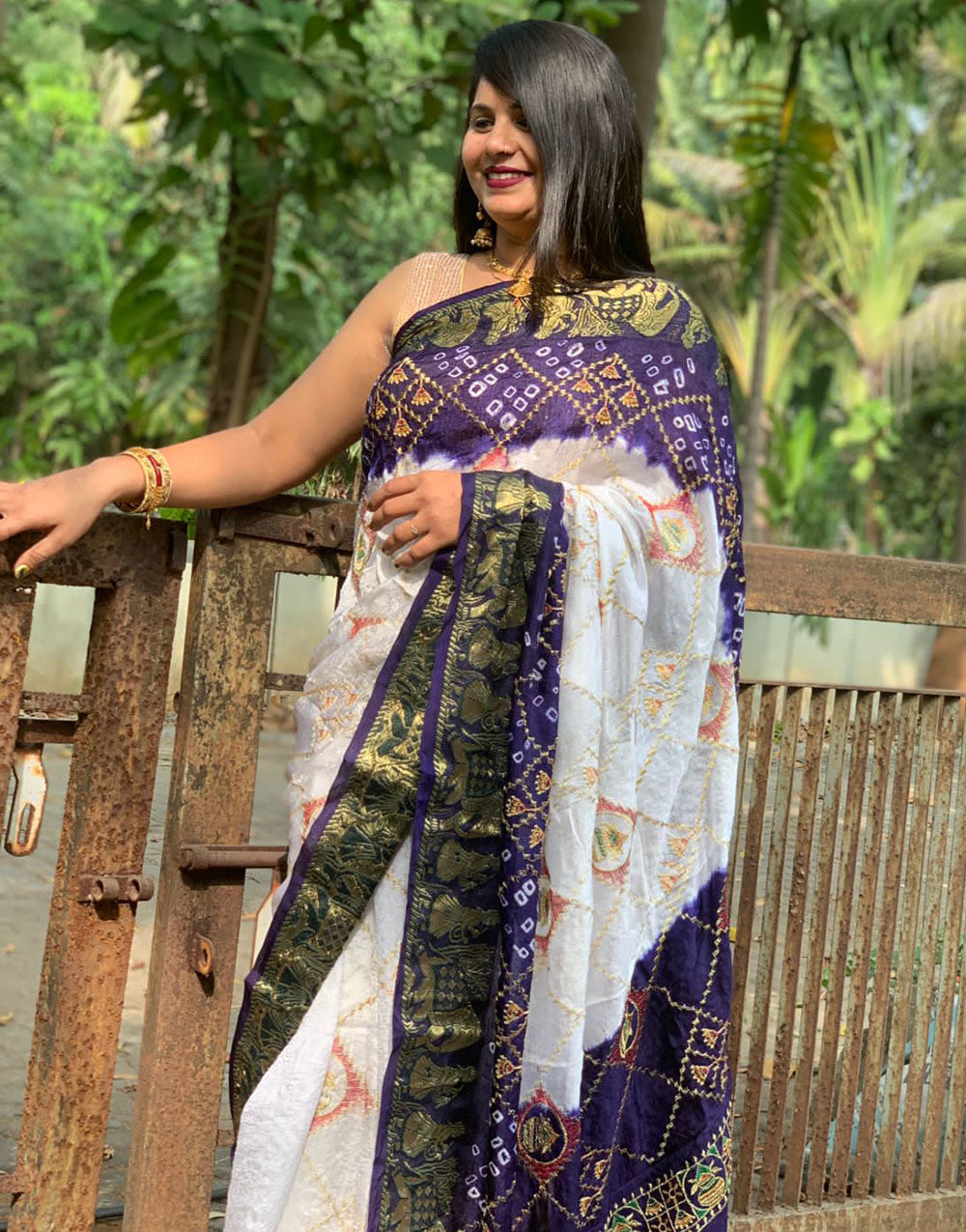 Dark Indigo Blue Hand Bandhej Bandhani Saree With Weaving Border