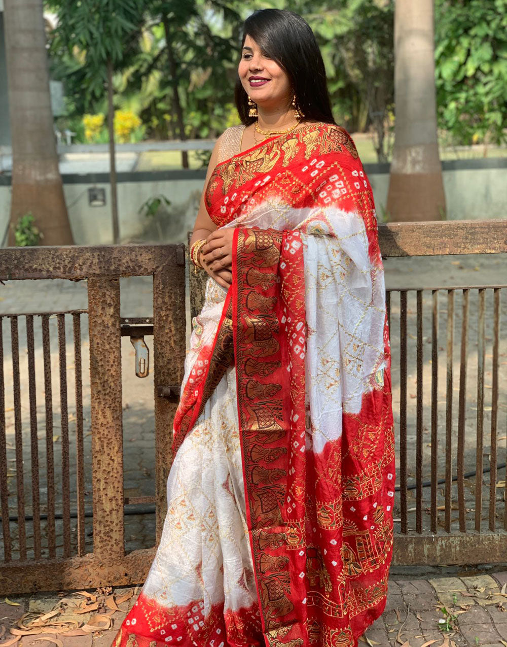 Dark Orange Hand Bandhej Bandhani Saree With Embroidery Work