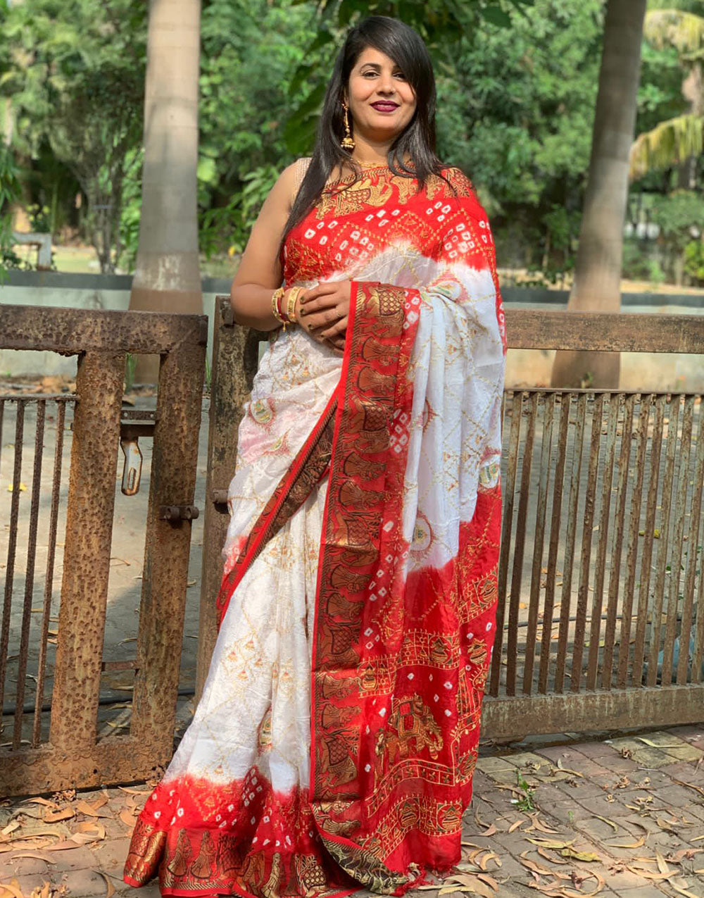 Dark Orange Hand Bandhej Bandhani Saree With Embroidery Work