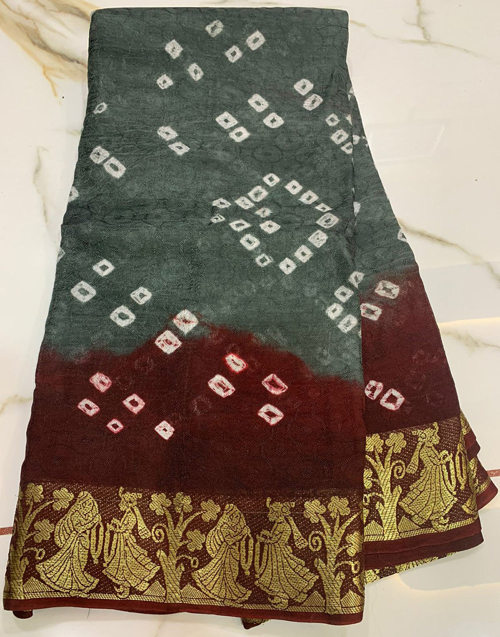 Gray & Maroon Hand Bandhej Bandhani Saree With Weaving Border