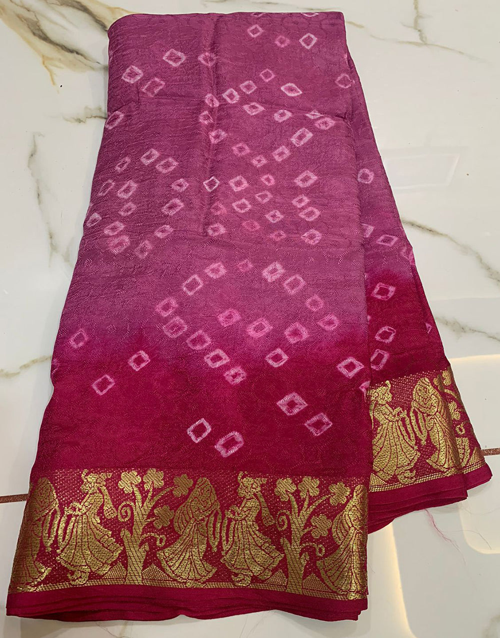 Mulberry Pink Hand Bandhej Bandhani Saree With Weaving Border