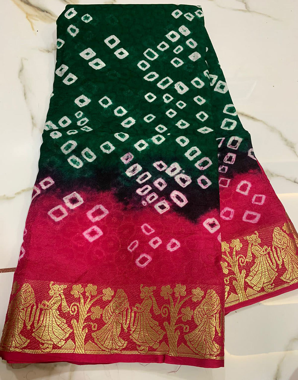 Green & Pink Hand Bandhej Bandhani Saree With Weaving Border