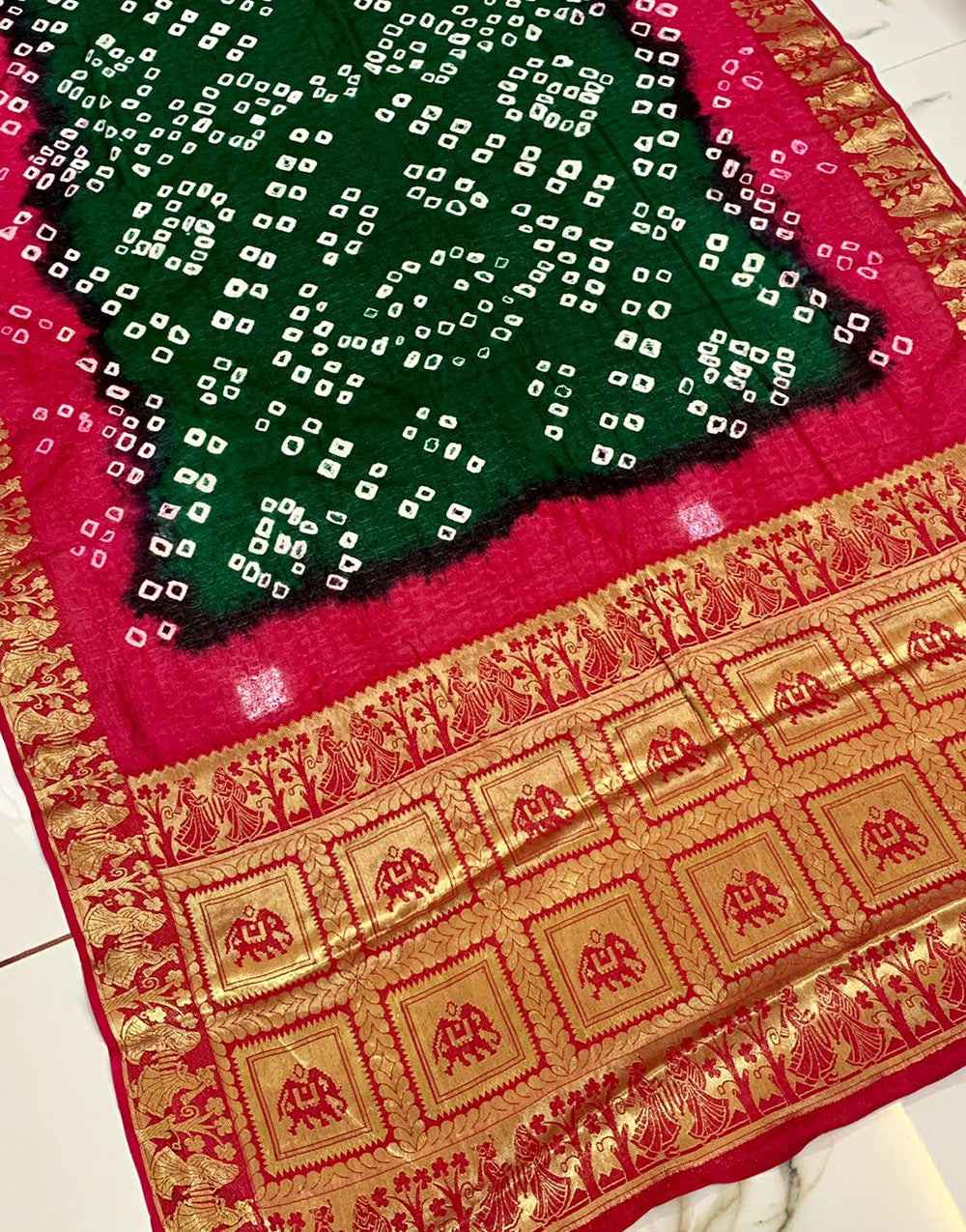 Green & Pink Hand Bandhej Bandhani Saree With Weaving Border