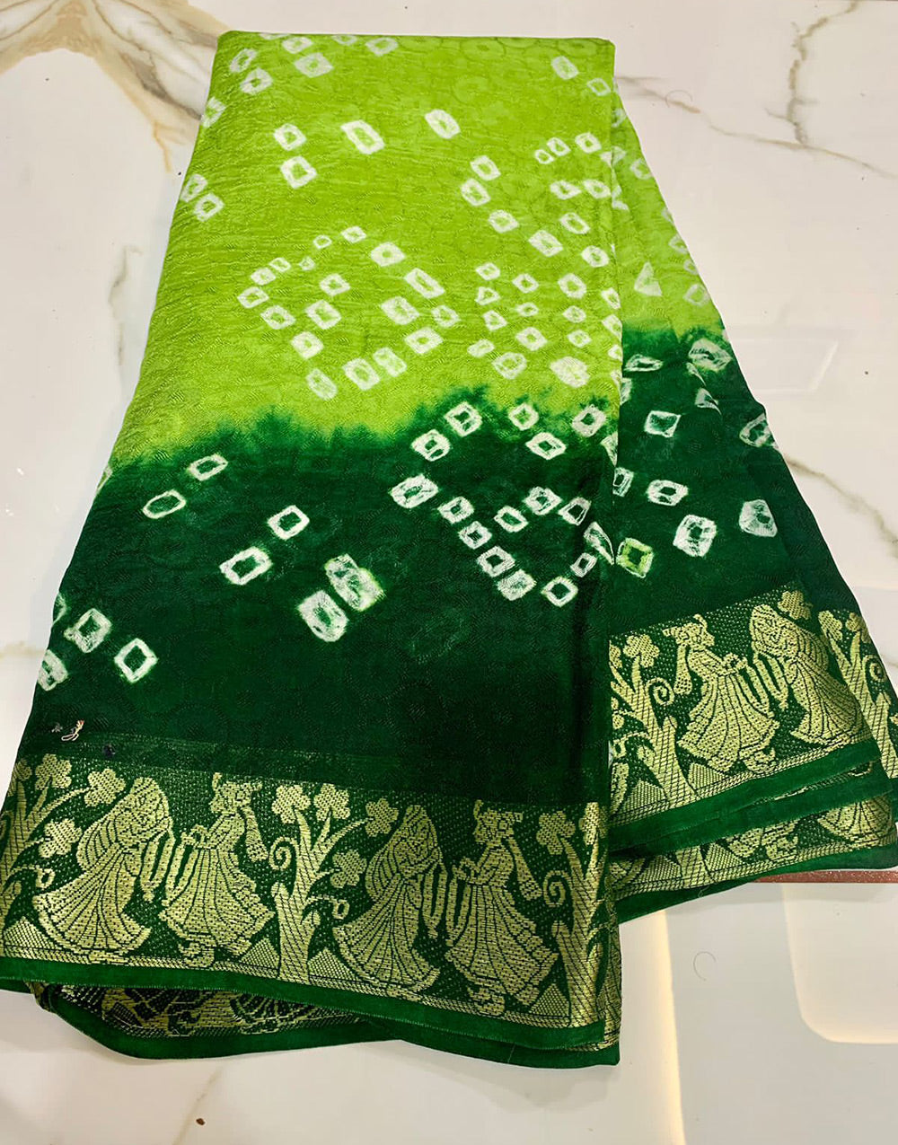 Green Hand Bandhej Bandhani Saree With Weaving Border