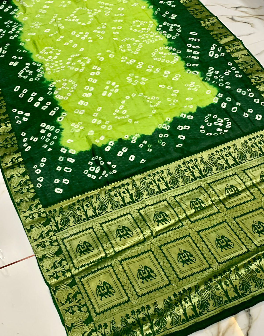 Green Hand Bandhej Bandhani Saree With Weaving Border