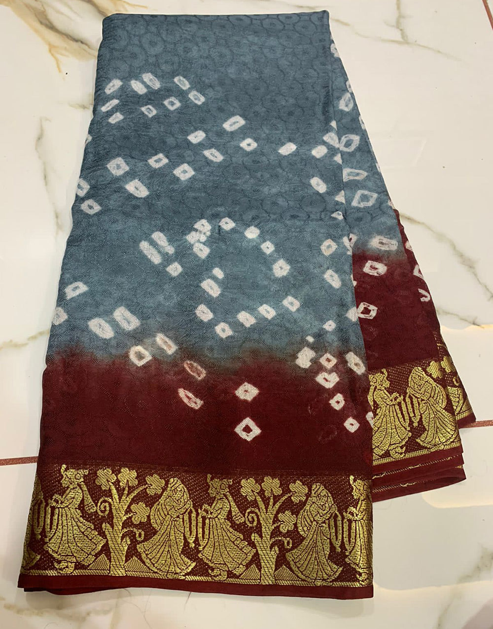 Gray Hand Bandhej Bandhani Saree With Weaving Border