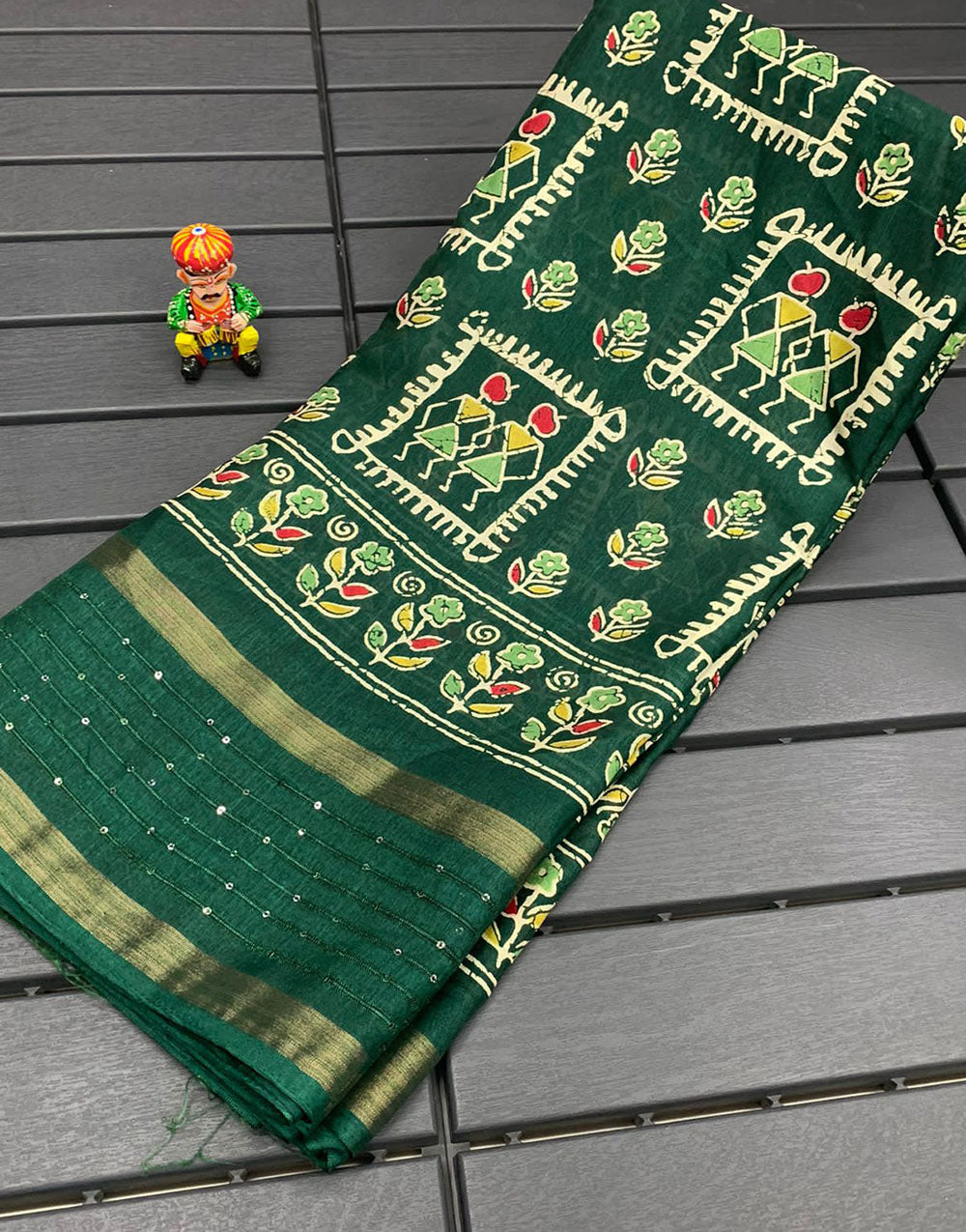 Green Dola Silk Saree With Printed & Sequence Border