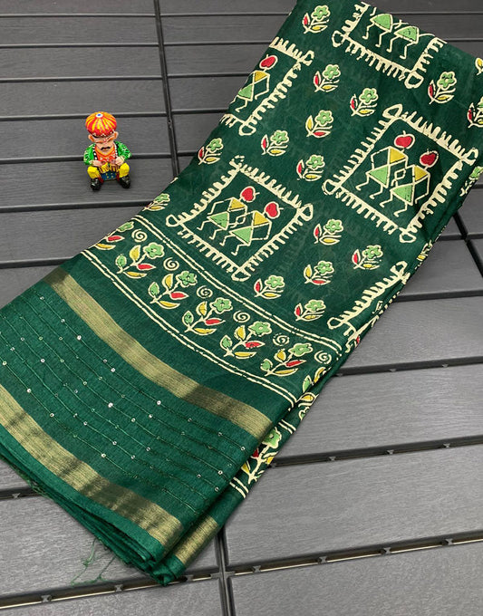 Green Dola Silk Saree With Printed & Sequence Border