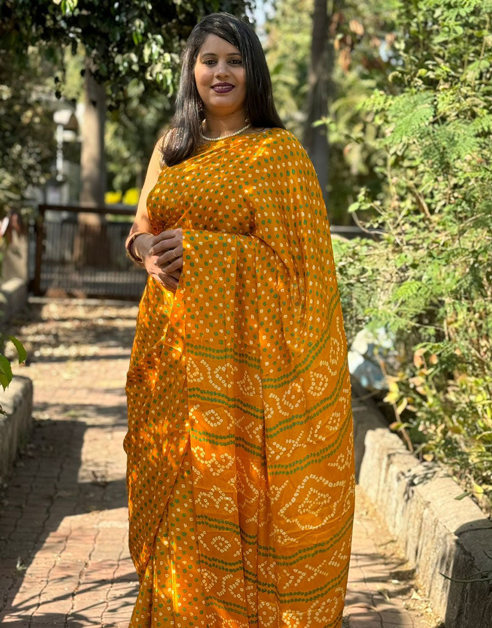 Dark Yellow Dola Silk Bandhani Printed Saree