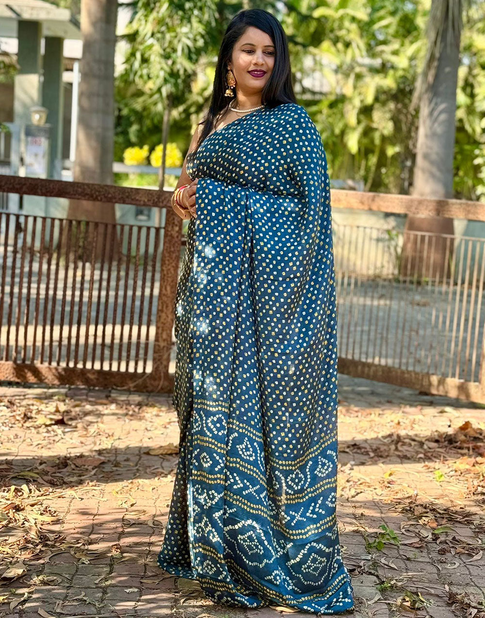 Denim Blue Dola Silk Bandhani Printed Saree