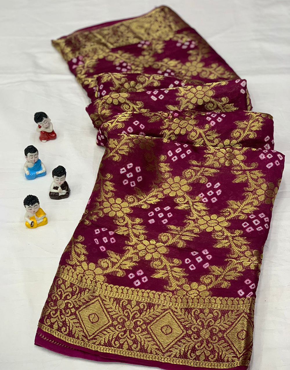 Mulberry Purple Bandhani Saree With Block Print And Weaving Work