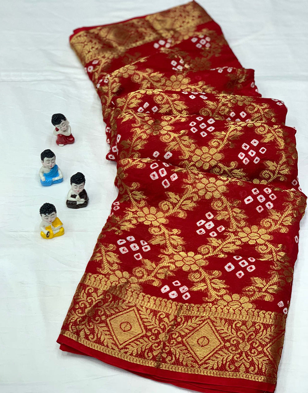 Dark Maroon Bandhani Saree With Block Print And Weaving Work