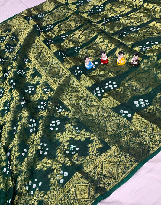 Dark Green Bandhani Saree With Block Print And Weaving Work