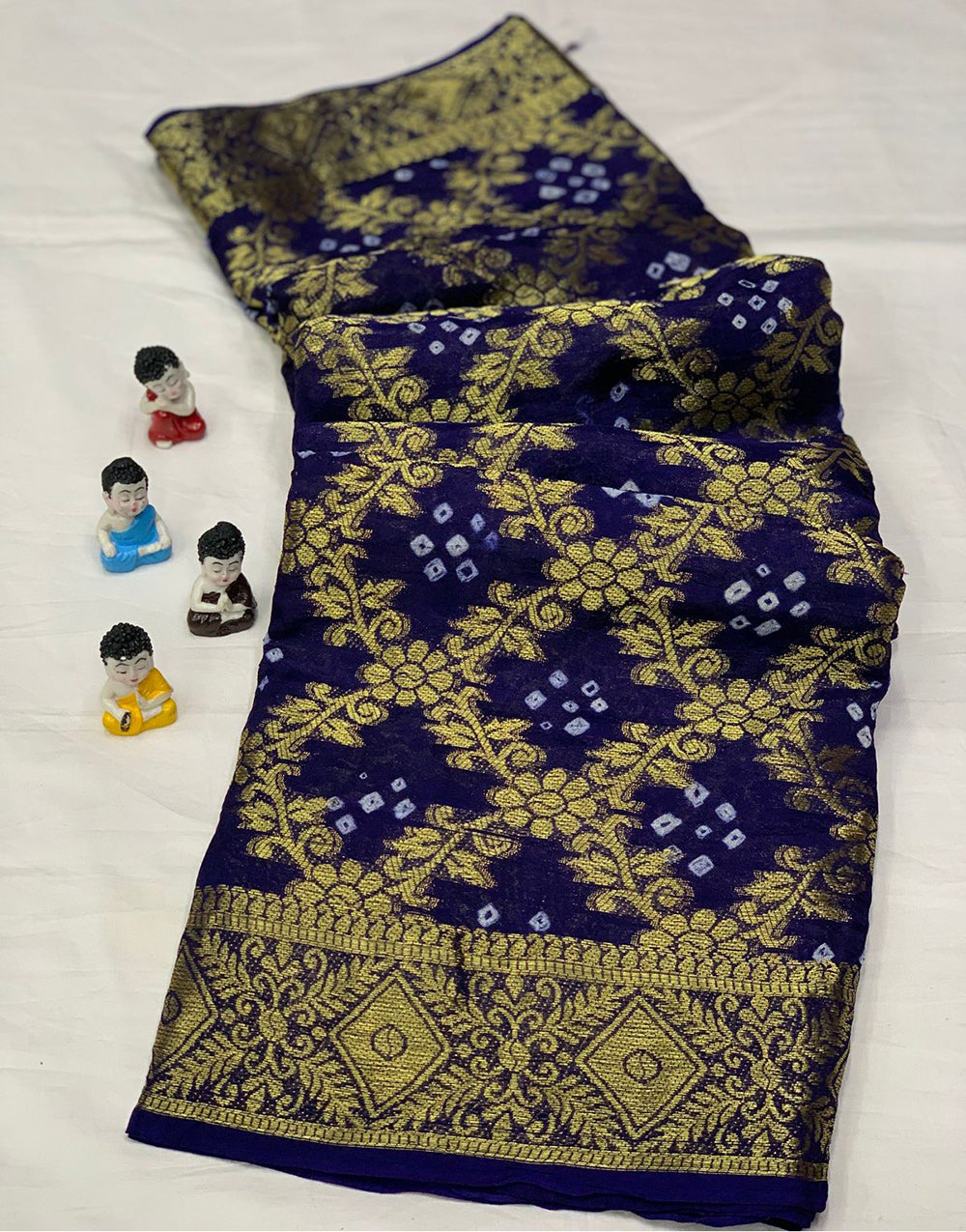 Dark Indigo Blue Bandhani Saree With Block Print And Weaving Work