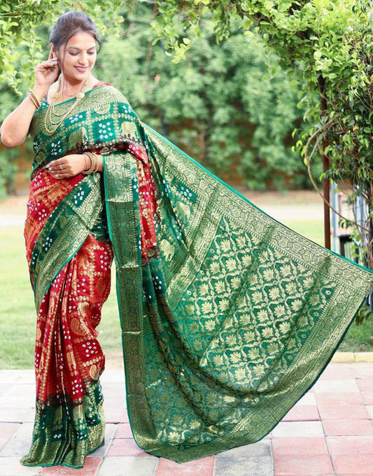 Green & Maroon Art Silk Bandhej Saree With Heavy Zari Waving Work