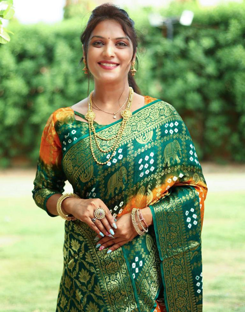 Green & Yellow Art Silk Bandhej Saree With Heavy Zari Waving Work