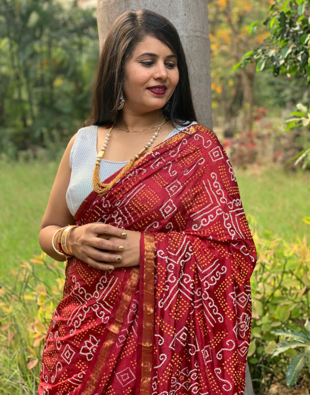 Maroon Hand Bnadhej Bandhani Saree