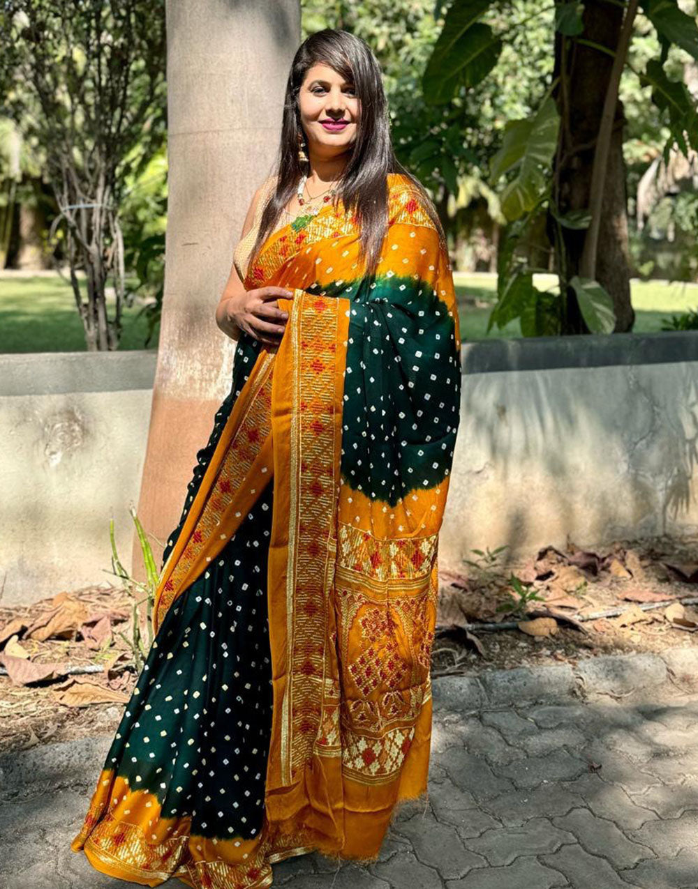 Green & Mustard Yellow Gajji Silk Hand Bandhej Bandhani Saree