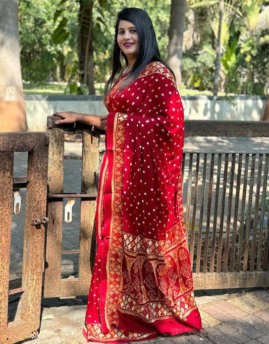 Cherry Red Gajji Silk Hand Bandhej Bandhani Saree