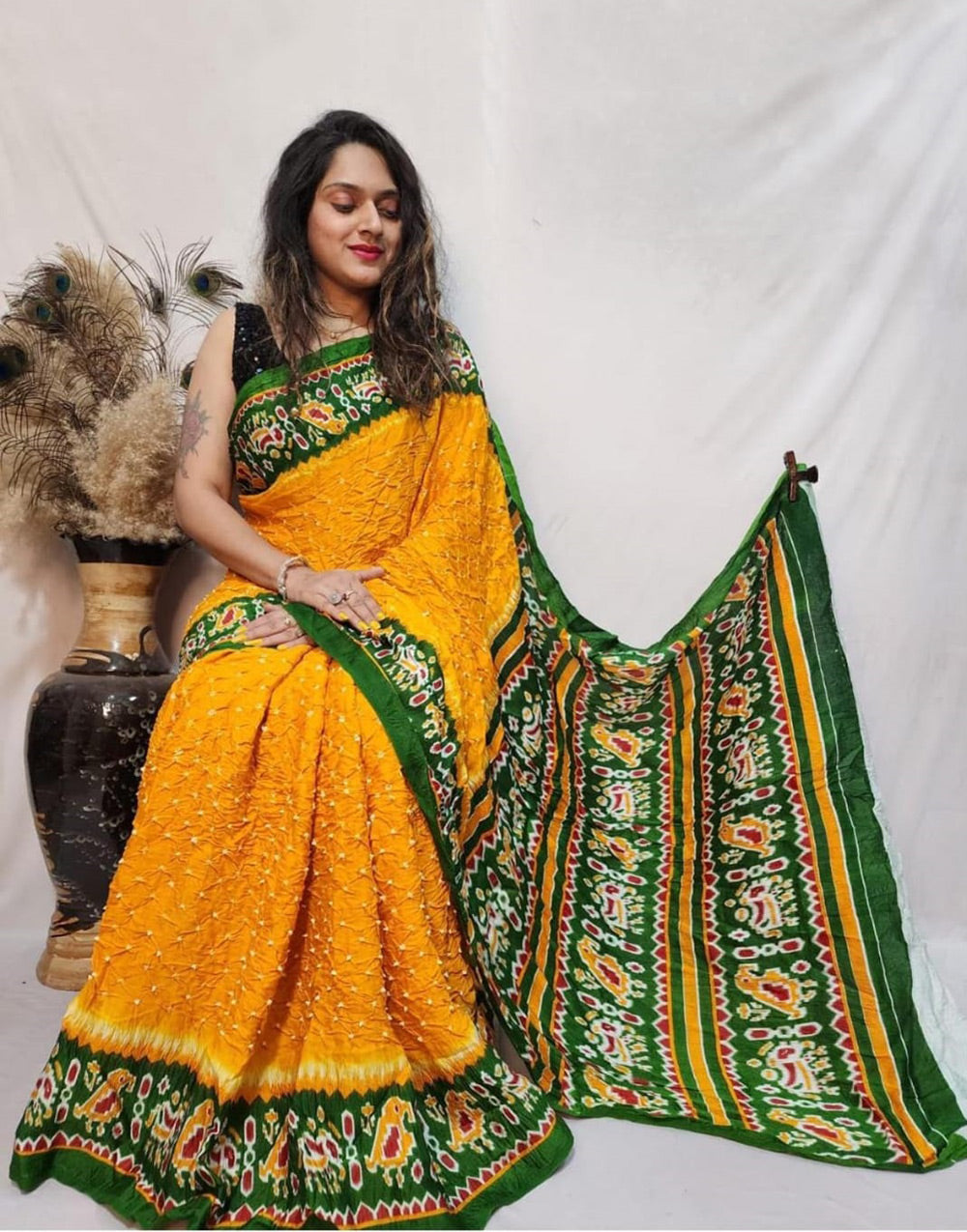 Mustard Yellow Hand Bnadhej Bandhani Saree With Matching Blouse