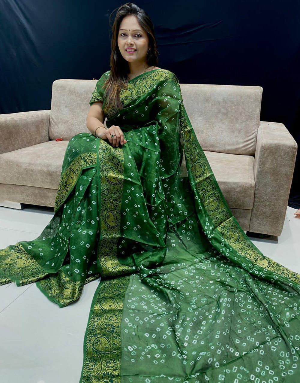 Forest Green Hand Bandhej Bandhani Saree With Zari Weaving Work