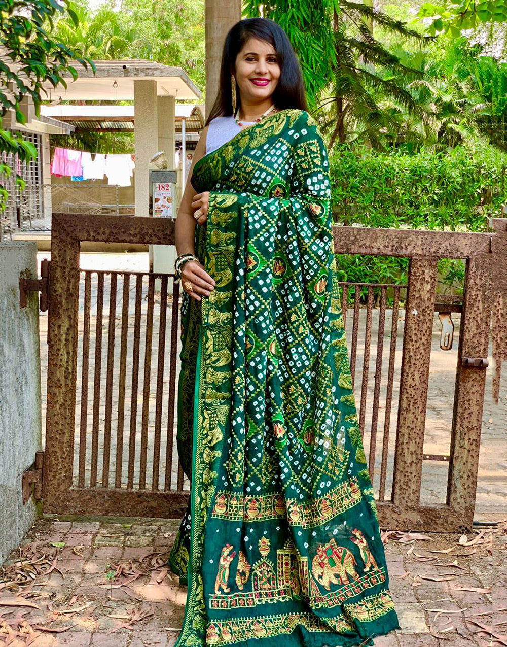 Dark Green Hand Bandhej Bandhani Saree With Weaving Border